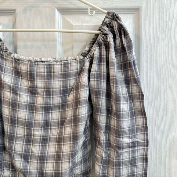 Abercrombie & Fitch plaid square neck puffy sleeve shirred back blouse size XS - Picture 2 of 9
